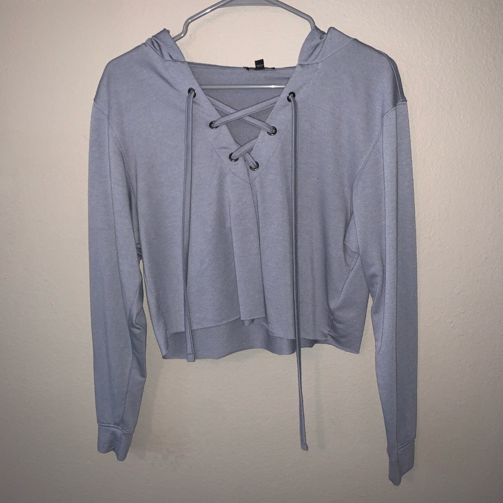 cropped tie front hoodie